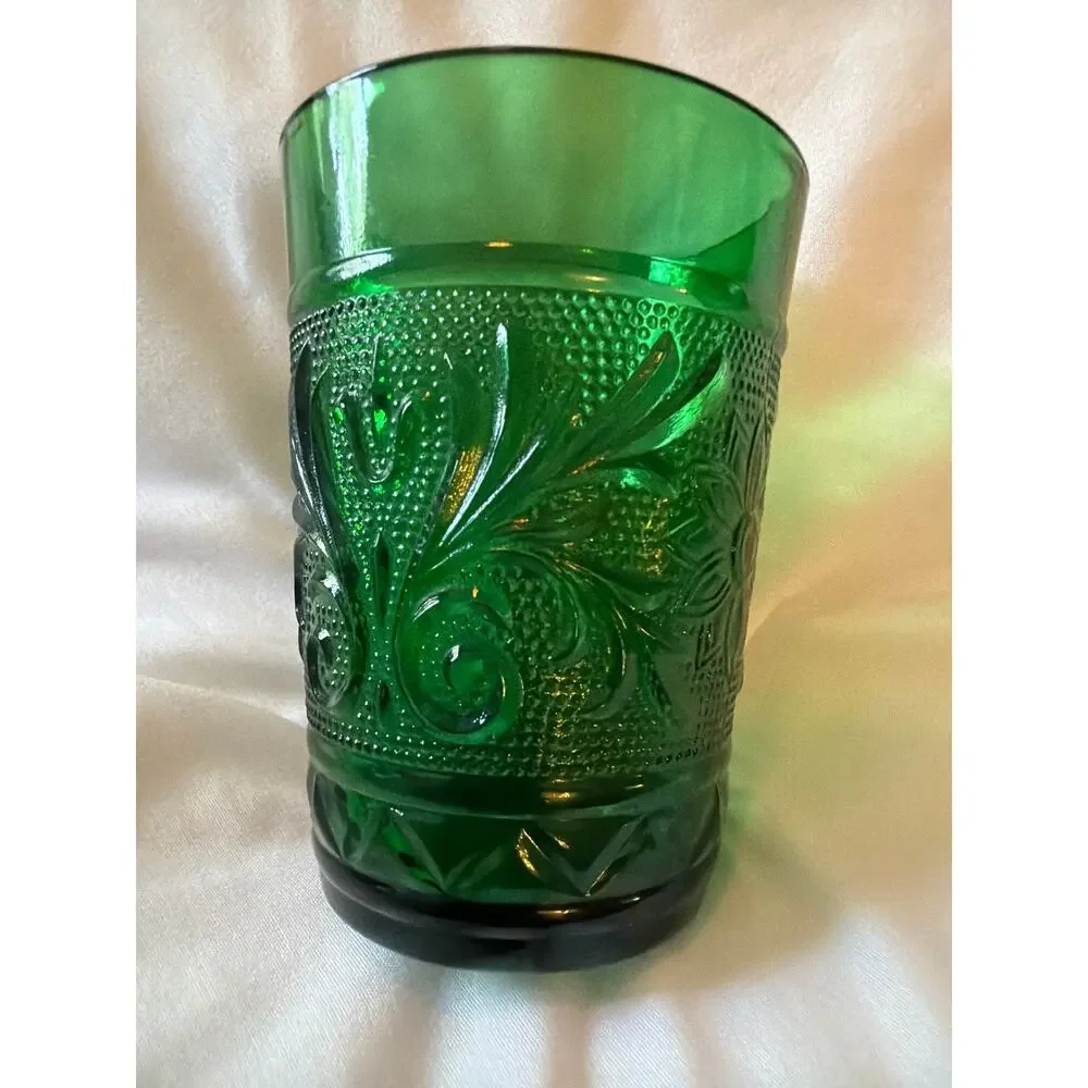 Vintage Emerald Green Pressed Glass Tumbler Floral Scroll Pattern Drinking Glass